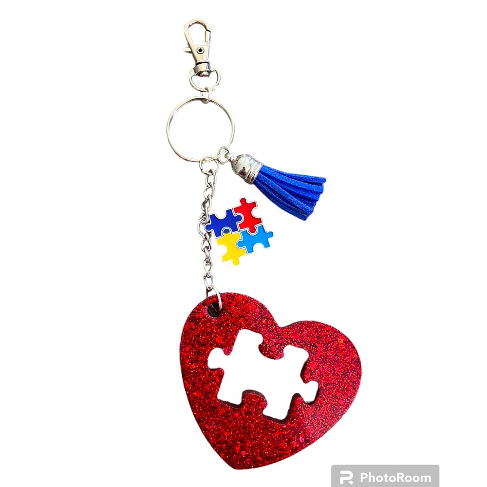 NEW Handmade Autism Awareness  Keychain/Bagcharm with Glittery Red Heart Charm